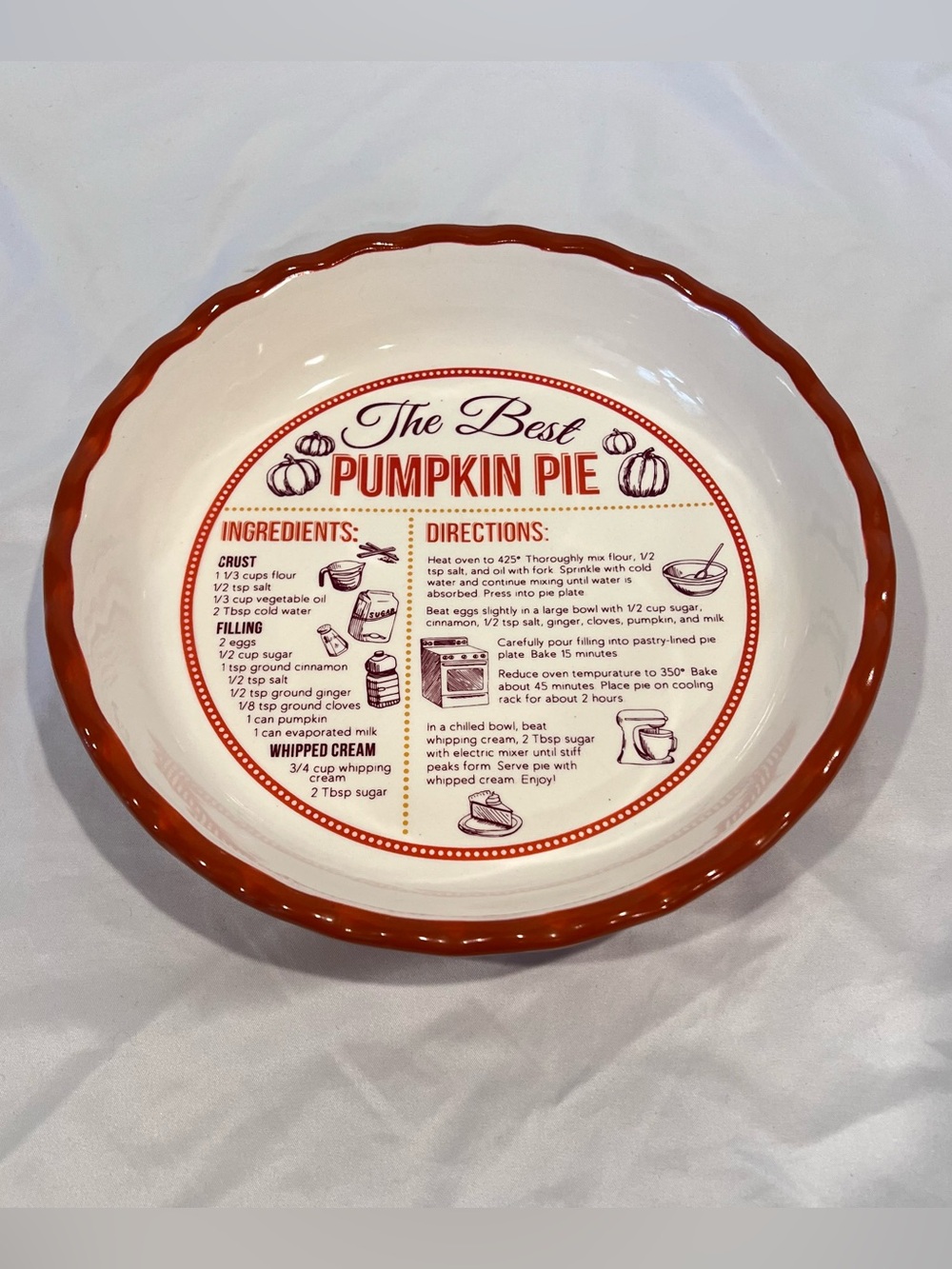 DEI Pumpkin Pie Recipe Ceramic Pie Plate 10” Orange Scalloped Cottagecore